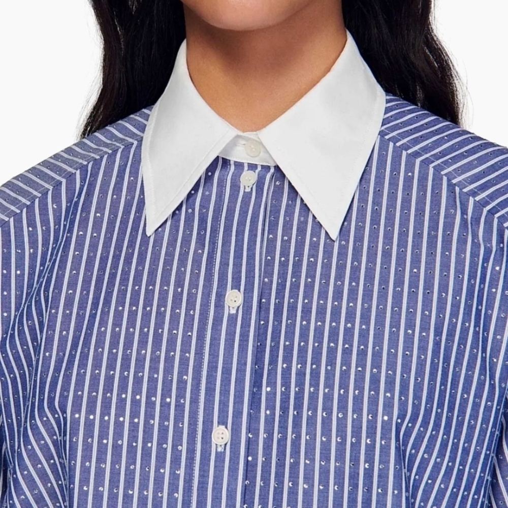 Sandro Blue Striped Button-Front Shirt with White Collar - Picture 5 of 10
